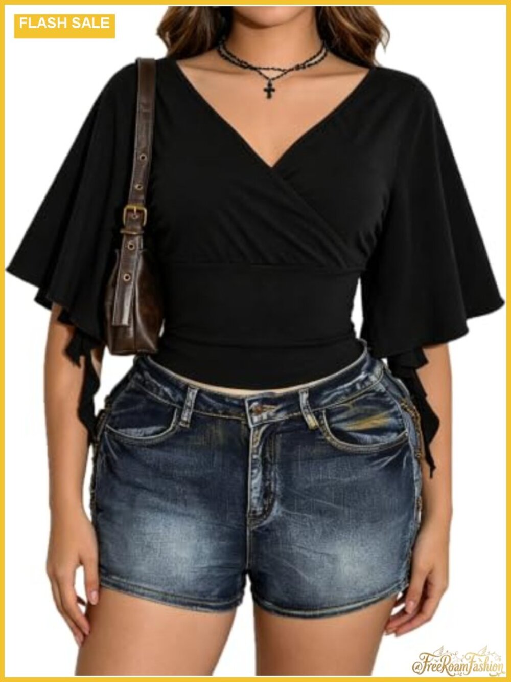 Women's Wrap V-Neck Ruffle Bell Sleeve Cinched Waist Crop Top